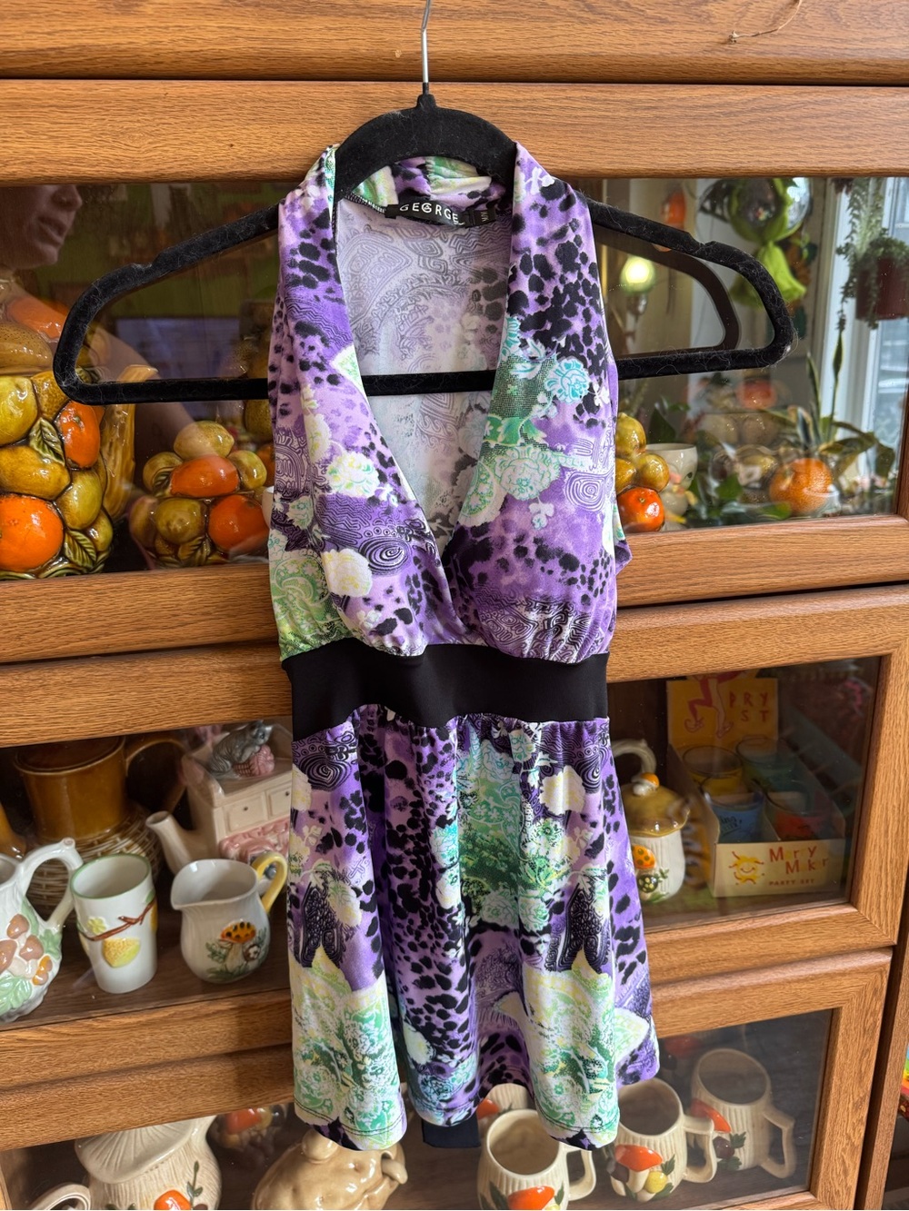 Vintage Purple Floral Halter Dress with Black Waistband